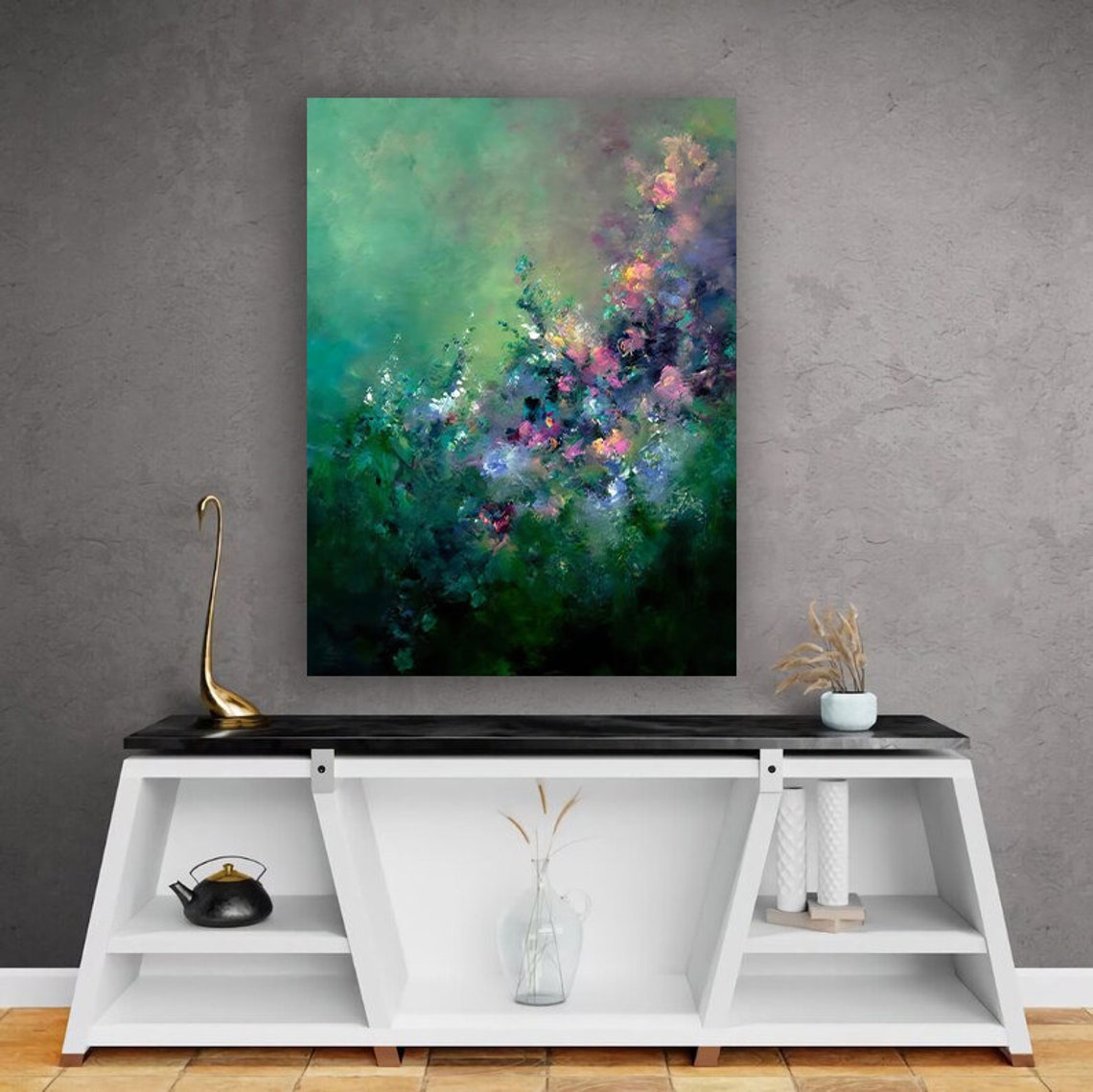 Emerald Green Abstract Floral Garden Impressionist Art Poster - Image 3