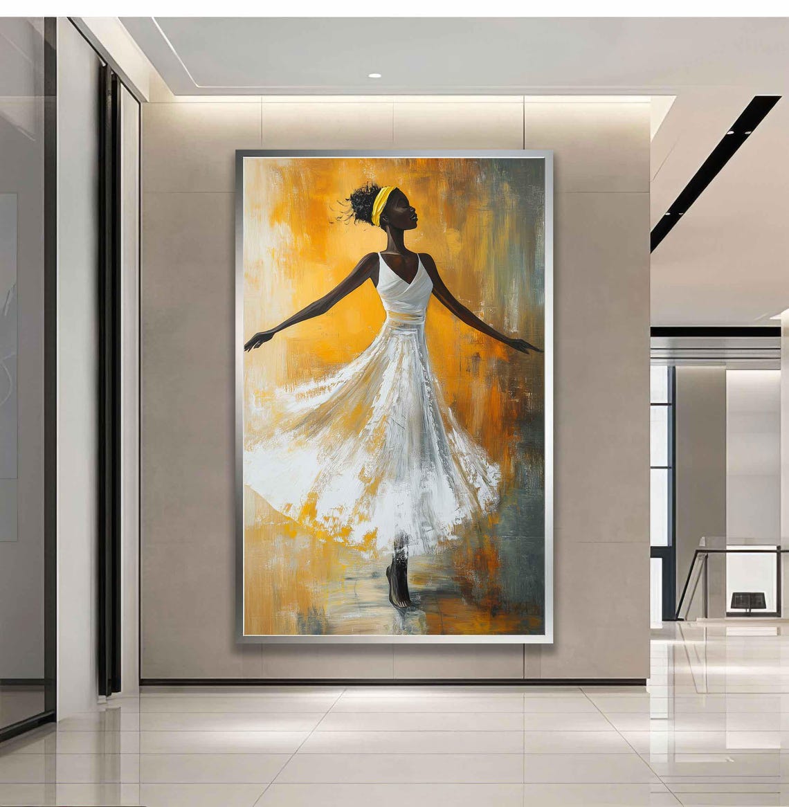 Black Ballerina In White Dress Dancing Golden Abstract Ballet Poster - Image 3