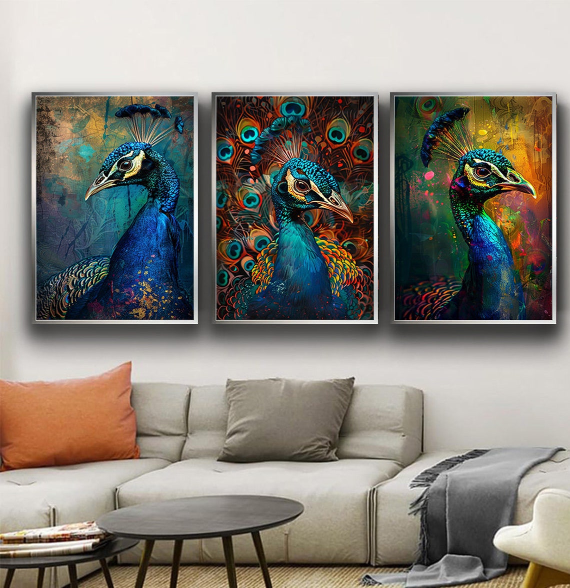 Three Panel Peacock Portrait Triptych Set Colorful Bird Wall Poster - Image 3