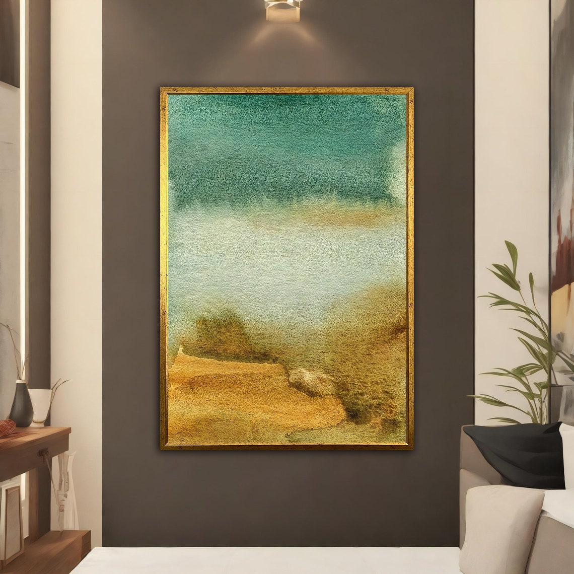 Teal Ochre Watercolor Abstract Landscape Soft Misty Modern Art Print