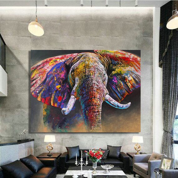 Colorful Abstract Elephant Portrait Painting Rainbow Wildlife Wall Art