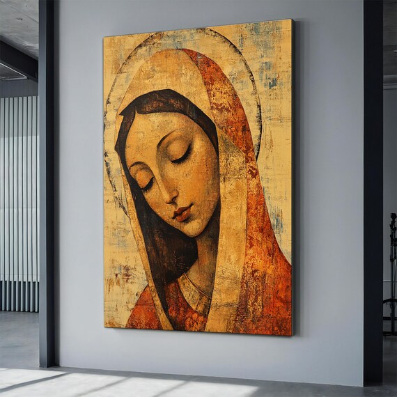 Vintage Rustic Virgin Mary Portrait Golden Amber Religious Wall Art