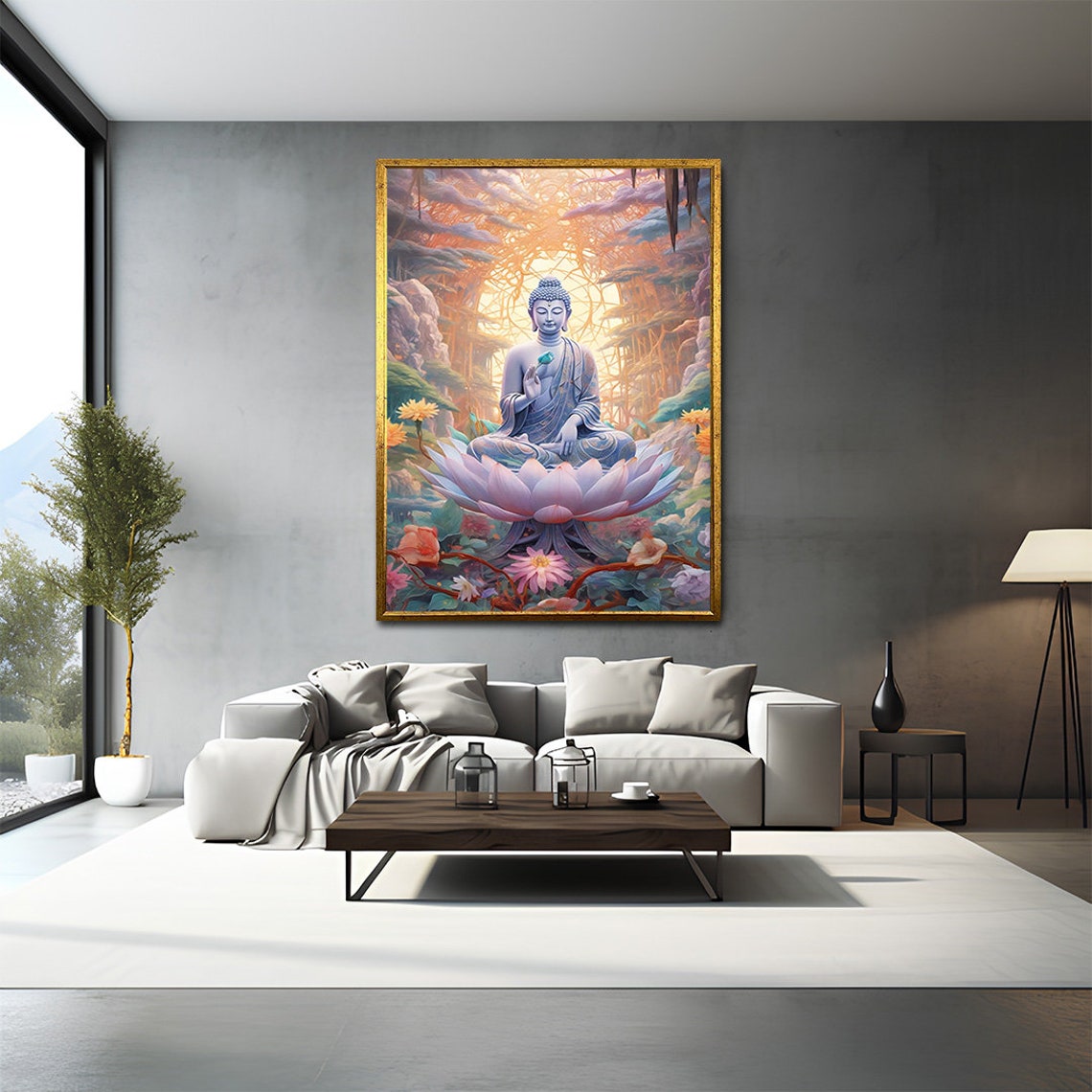 Blue Buddha Lotus Flower Meditation Zen Garden Painting Wall Art Print