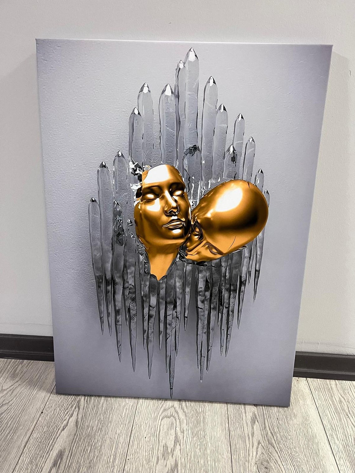 Golden Kissing Couple Heads Crystal Sculpture Modern Art Poster - Image 2
