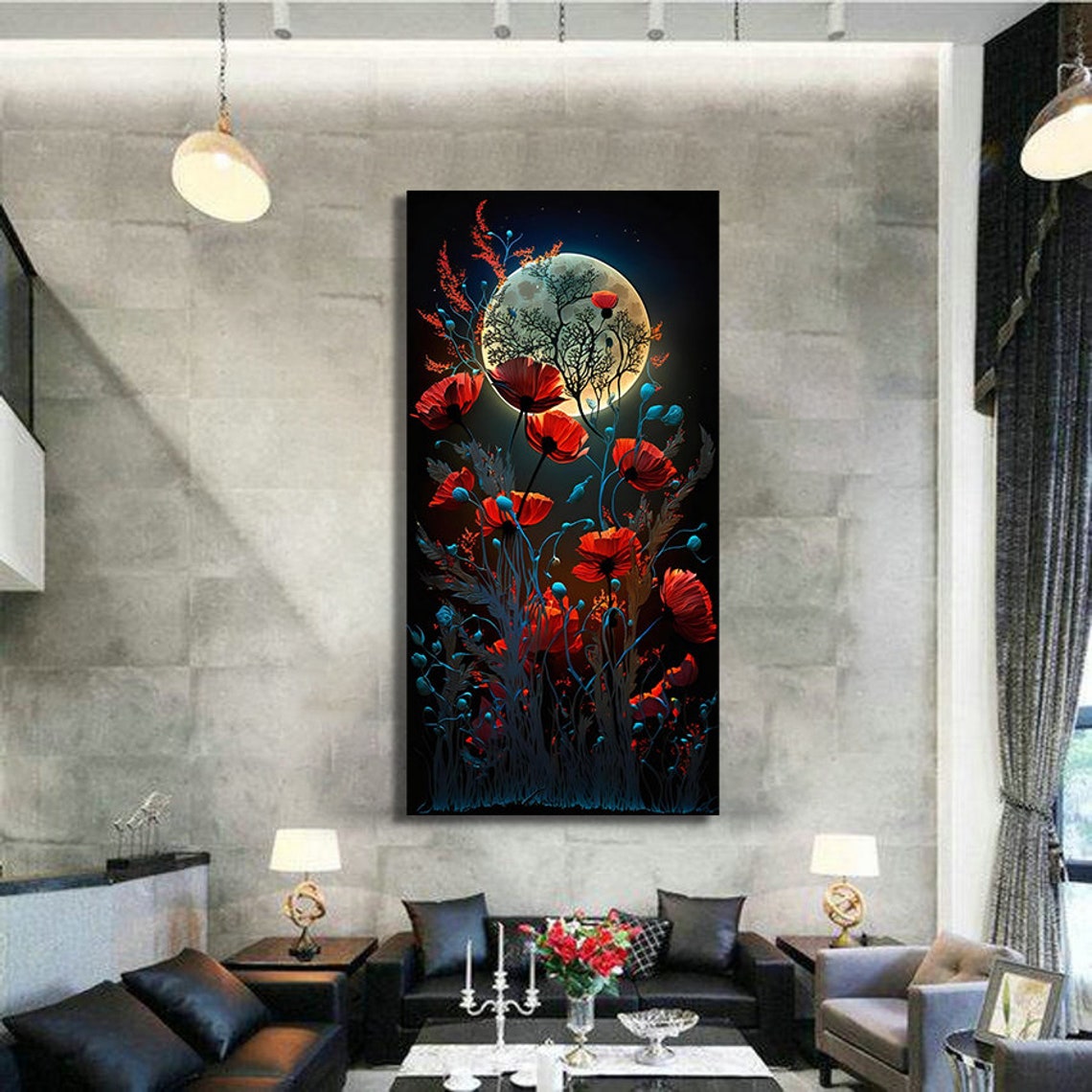 Red Poppies Full Moon Night Garden Painting Panoramic Floral Wall Art