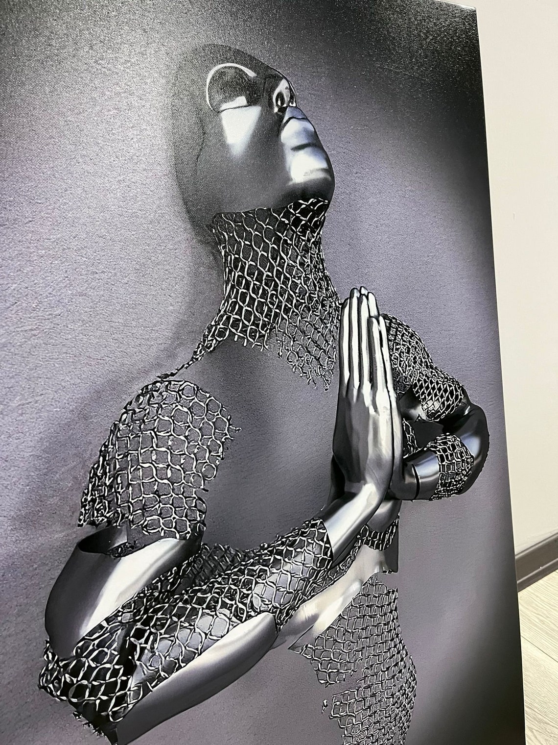 Black Chrome Praying Man Meditation 3D Modern Sculpture Poster - Image 2