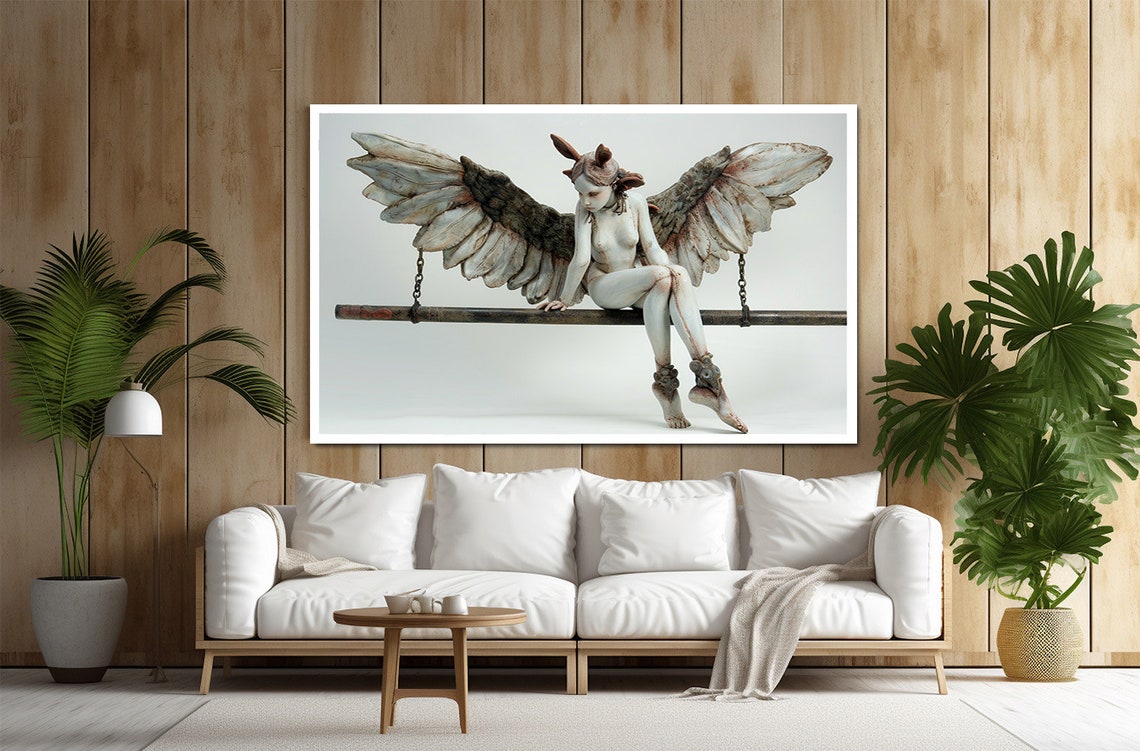 Pale Winged Woman with Gray Feathered Wings on Chained Bar Art Poster - Image 2
