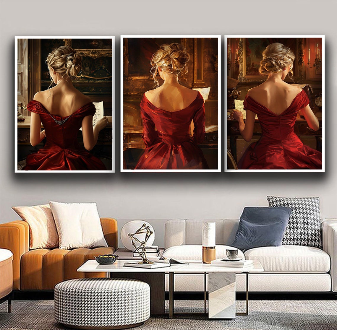 Woman In Red Dress At Piano Elegant 3 Piece Canvas Set Poster - Image 2