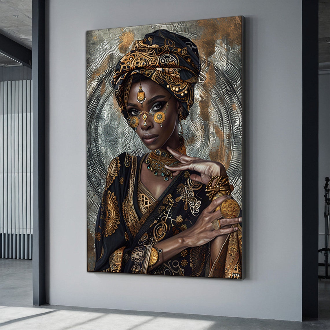 African Woman Portrait Gold and Black Headwrap Regal Modern Art Poster