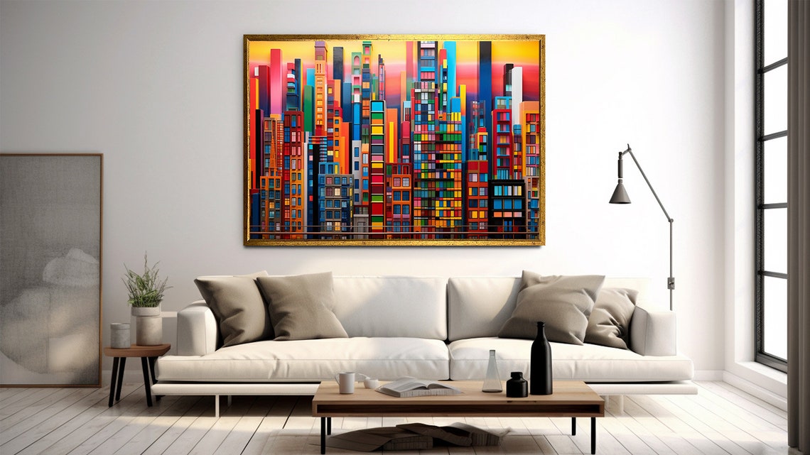 Colorful Abstract City Skyline Block Buildings Sunset Wall Art