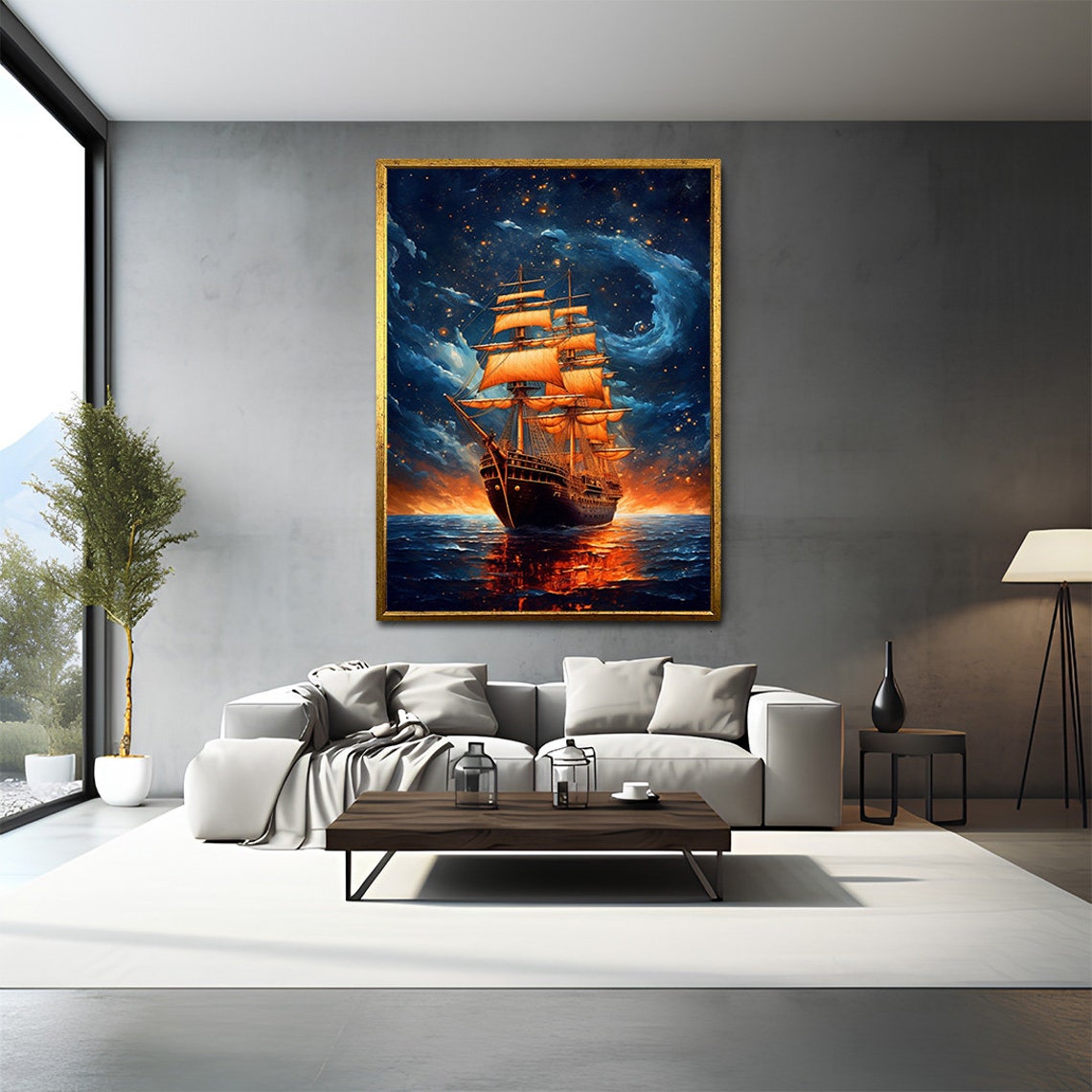 Golden Sails Tall Ship At Sunset Under Starry Night Sky Ocean Poster