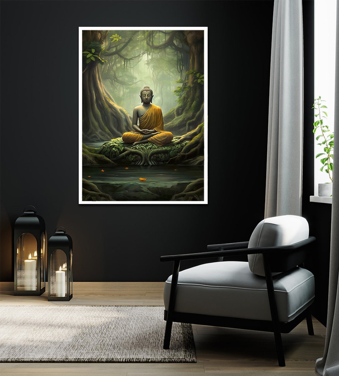 Meditating Buddha in Misty Green Forest Golden Robe Spiritual Poster - Image 2
