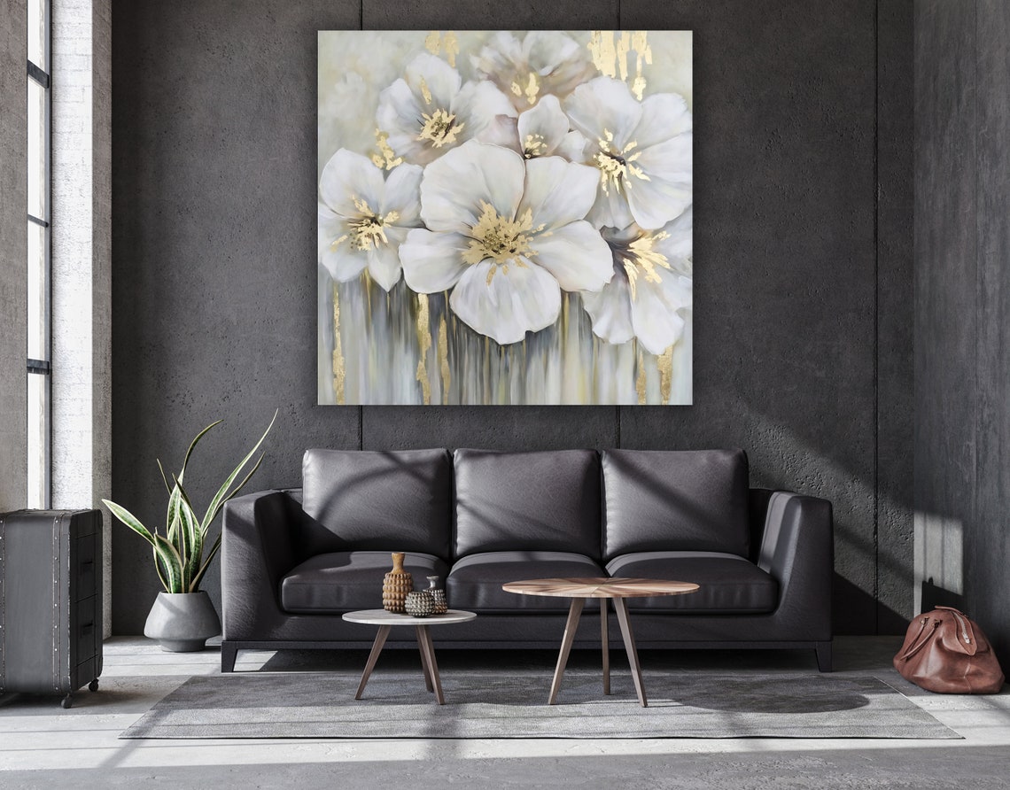 White Flowers Gold Accents Floral Oil Painting Modern Wall Art - Image 3