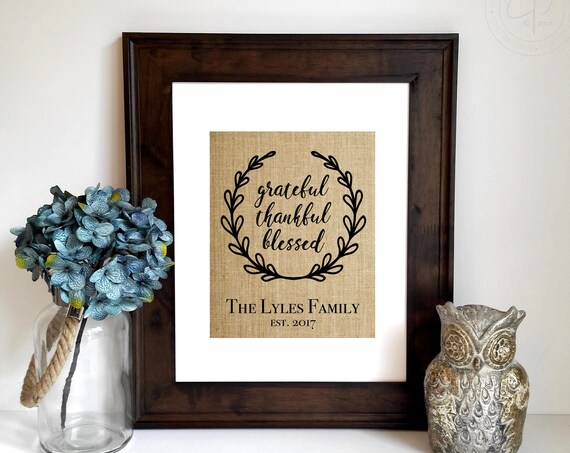 Grateful Thankful Blessed Family Name Laurel Wreath Rustic Burlap Poster
