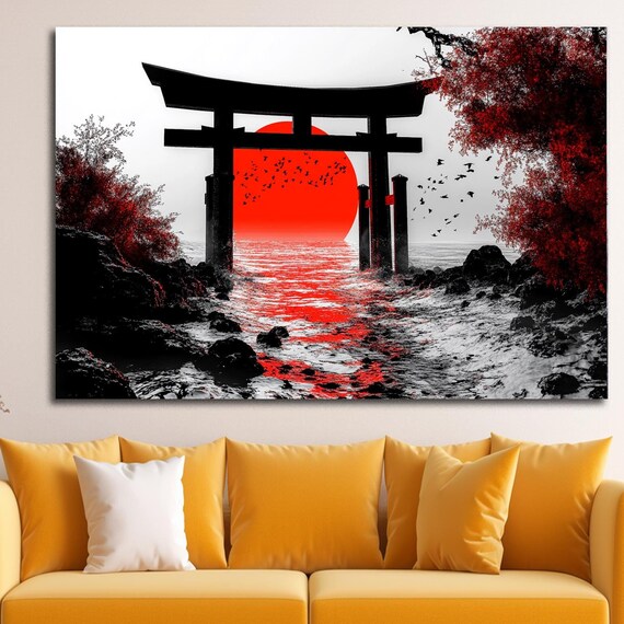 Torii Gate Silhouette Red Sun Ocean Reflection Japanese Poster