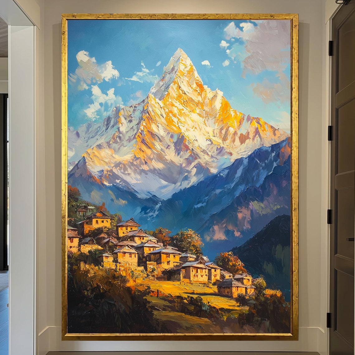 Himalayan Mountain Village Golden Light Oil Painting Wall Art