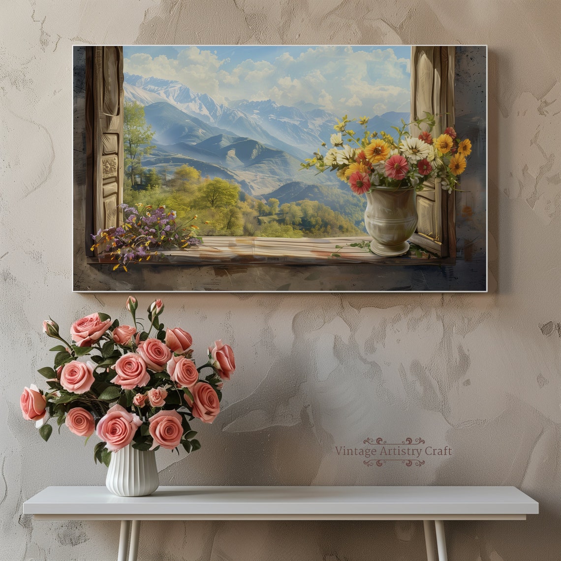 Mountain View Through Open Window Vase of Flowers Rustic Poster - Image 6