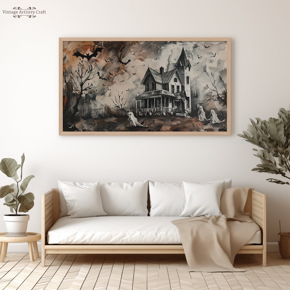 Spooky Haunted House With Ghosts and Bats Vintage Halloween Poster - Image 3