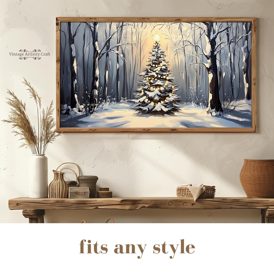 Lit Christmas Tree Snowy Forest Dusk Sparkling Holiday Painting Poster - Image 8