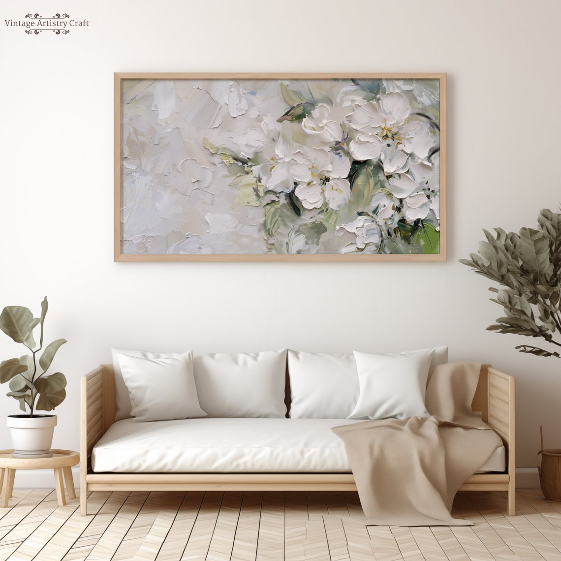 White Blossom Abstract Impasto Floral Painting Soft Botanical Wall Art - Image 3