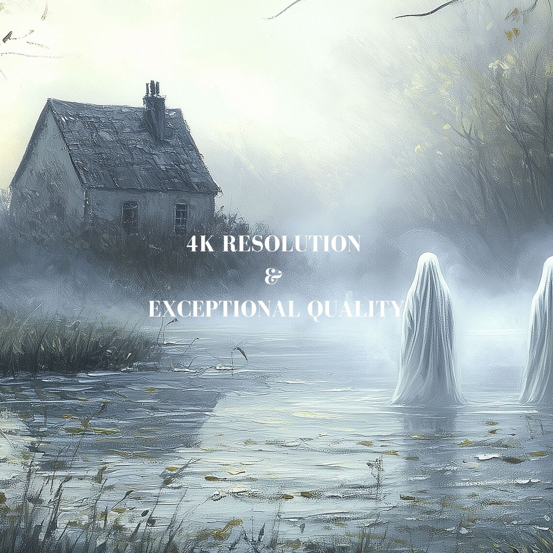 Misty Pond Cottage With Two Ghosts Eerie Water Landscape Poster - Image 6