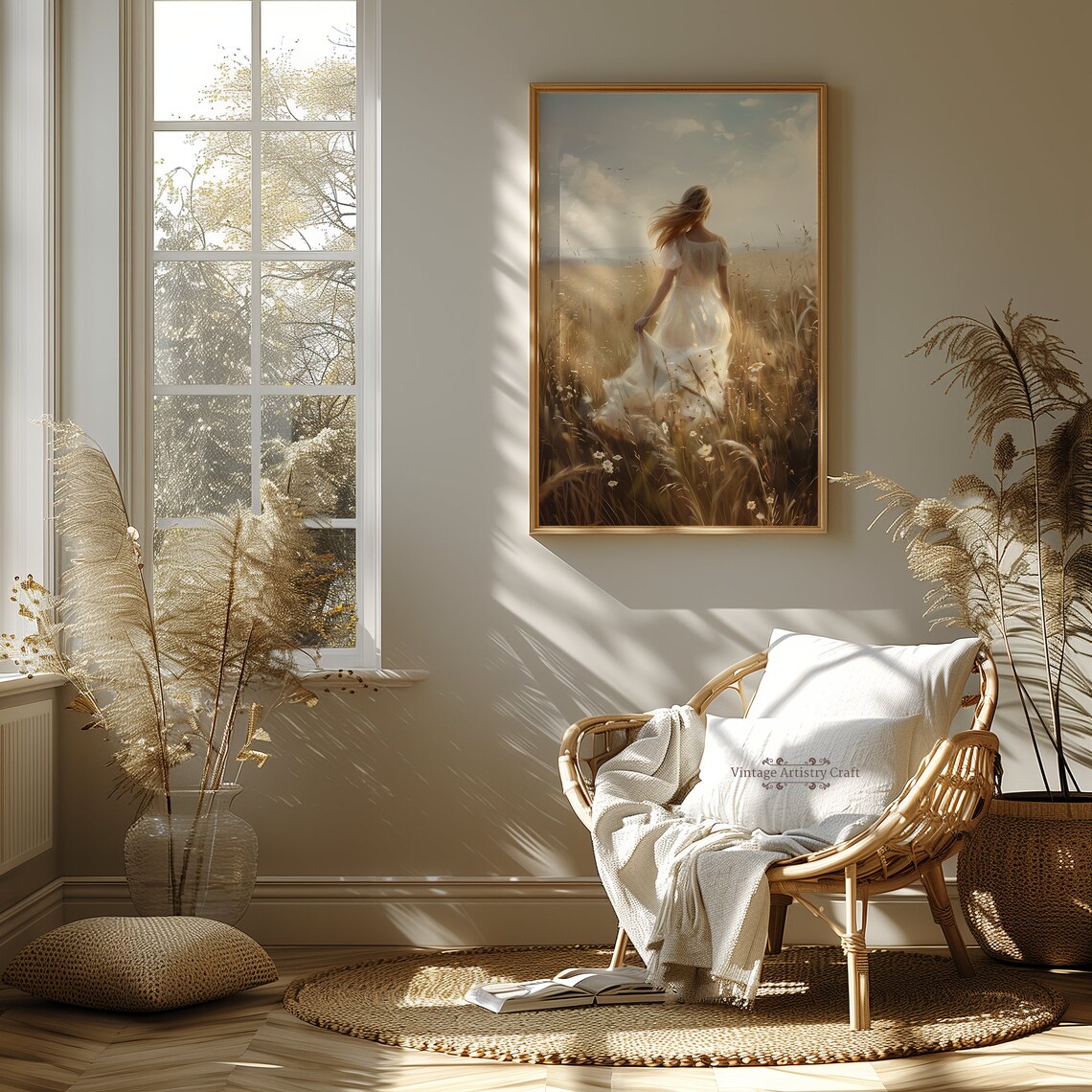 Woman in White Dress Walking Wildflower Field Dreamy Cottage Poster - Image 5