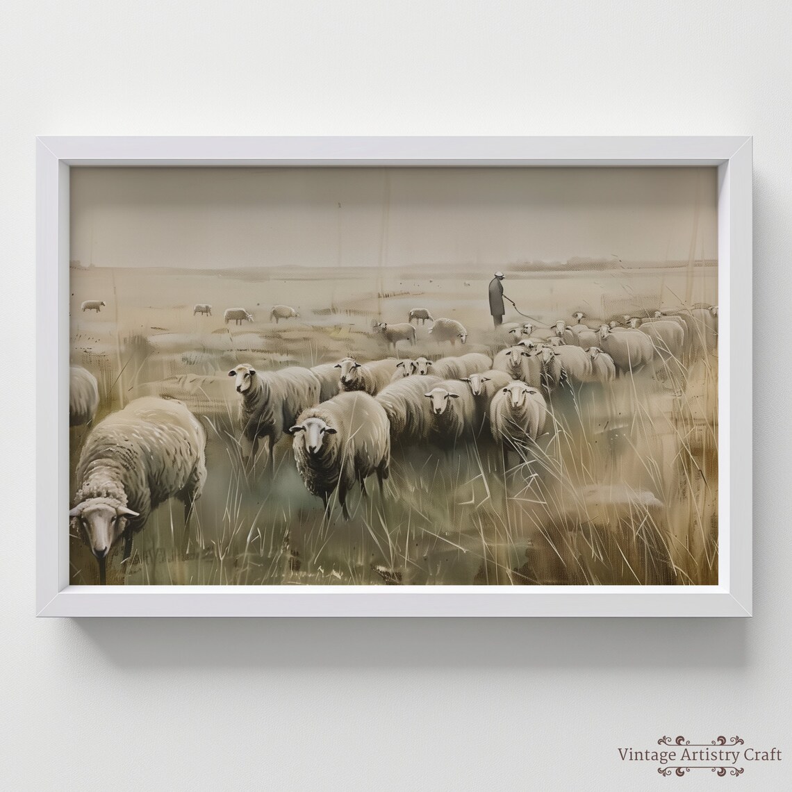 Sheep Flock In Misty Field Pastoral Vintage Painting Art Poster - Image 7
