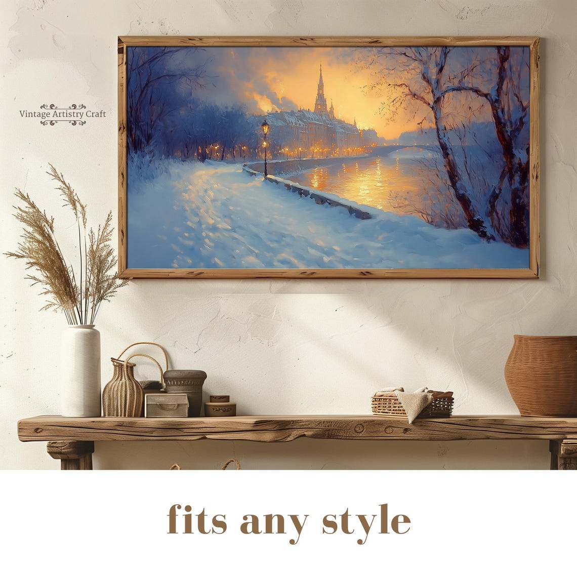 Snowy River Town Golden Sunset Glow Impressionist Winter Poster - Image 8