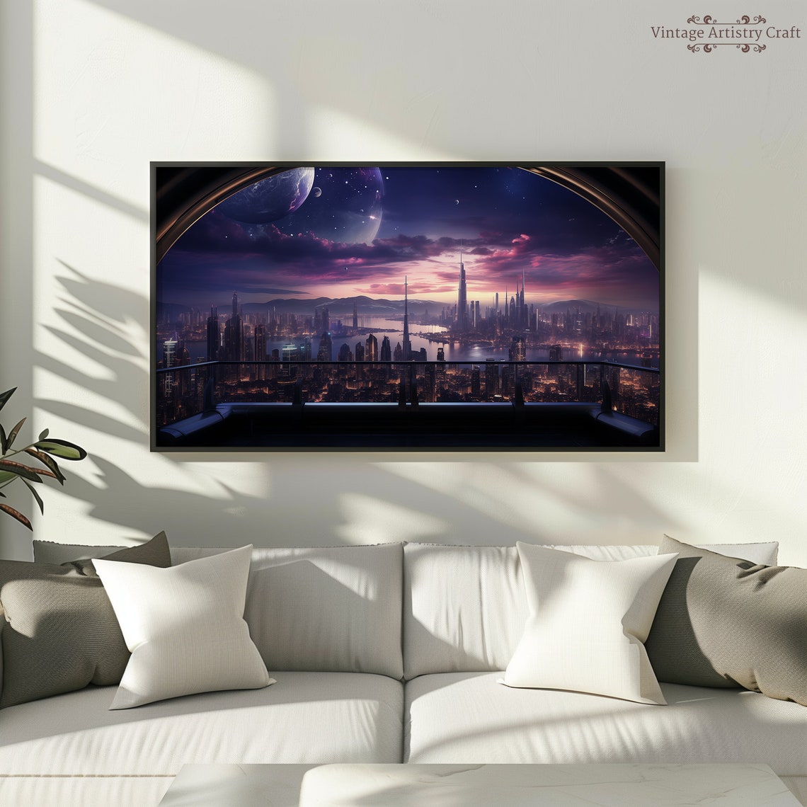 Futuristic Sci Fi City Skyline At Purple Planet Sunset Poster - Image 4