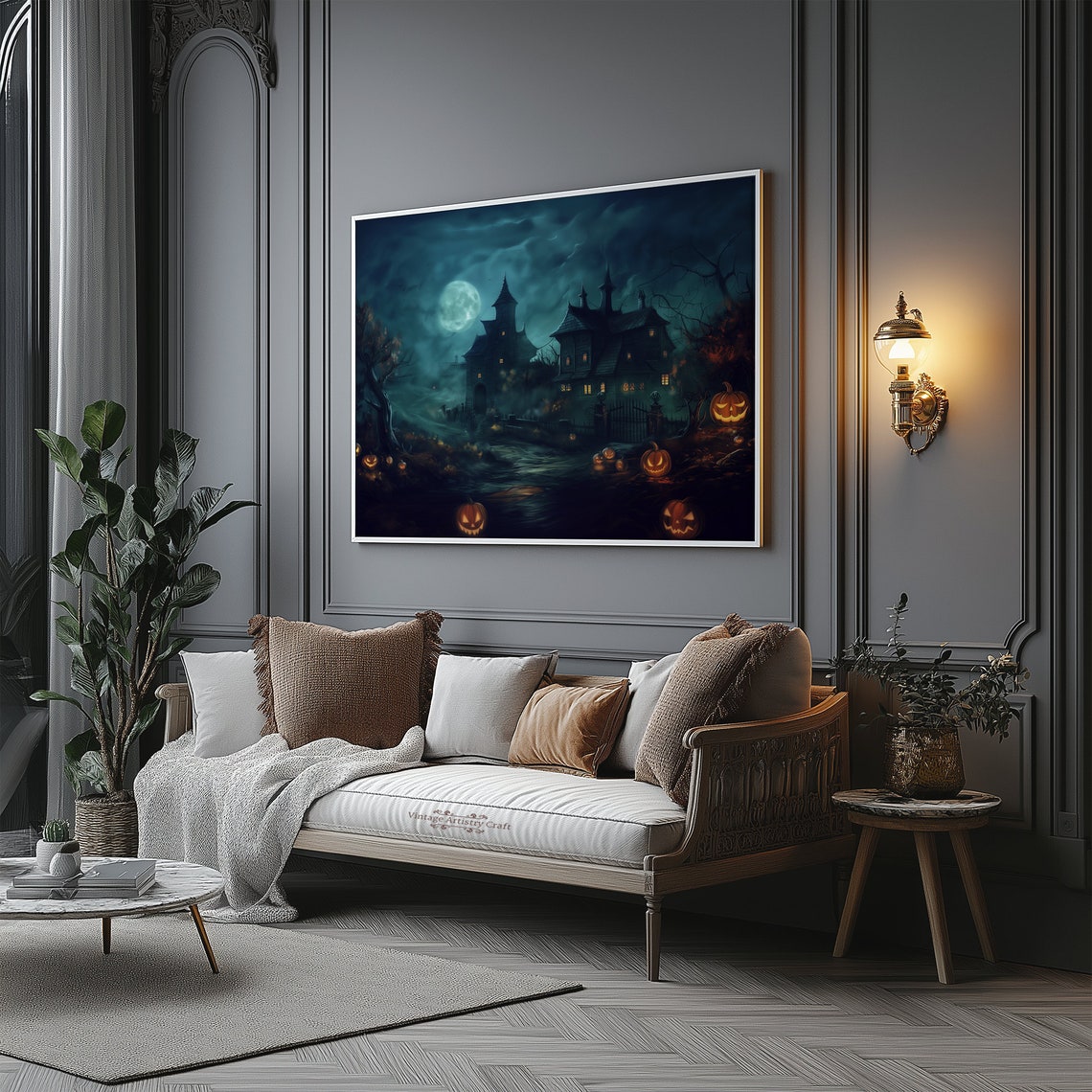Haunted House Halloween Vintage Moonlit Spooky Pumpkins Poster - Image 7