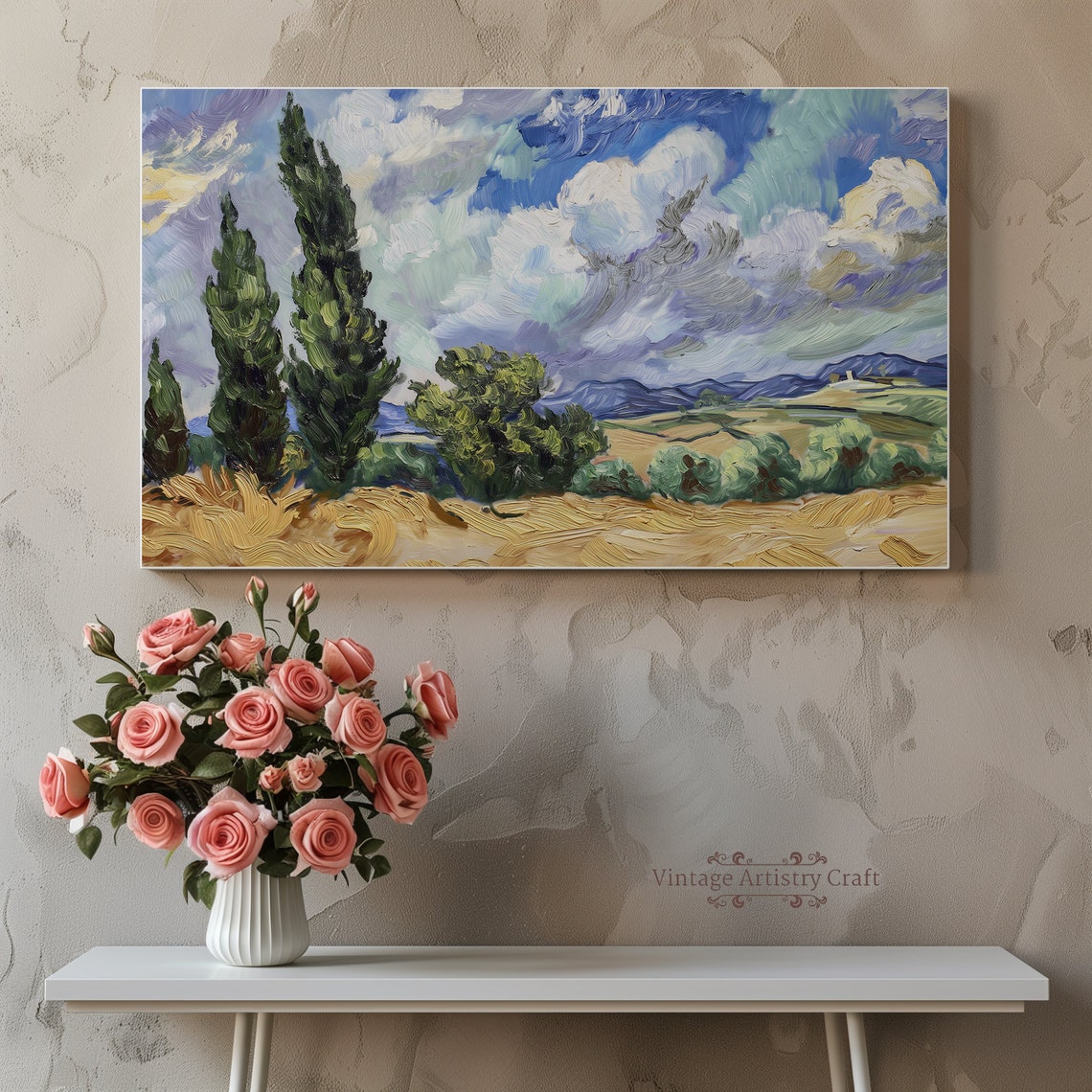 Cypress Trees Golden Wheat Field Van Gogh Style Swirling Sky Poster - Image 4