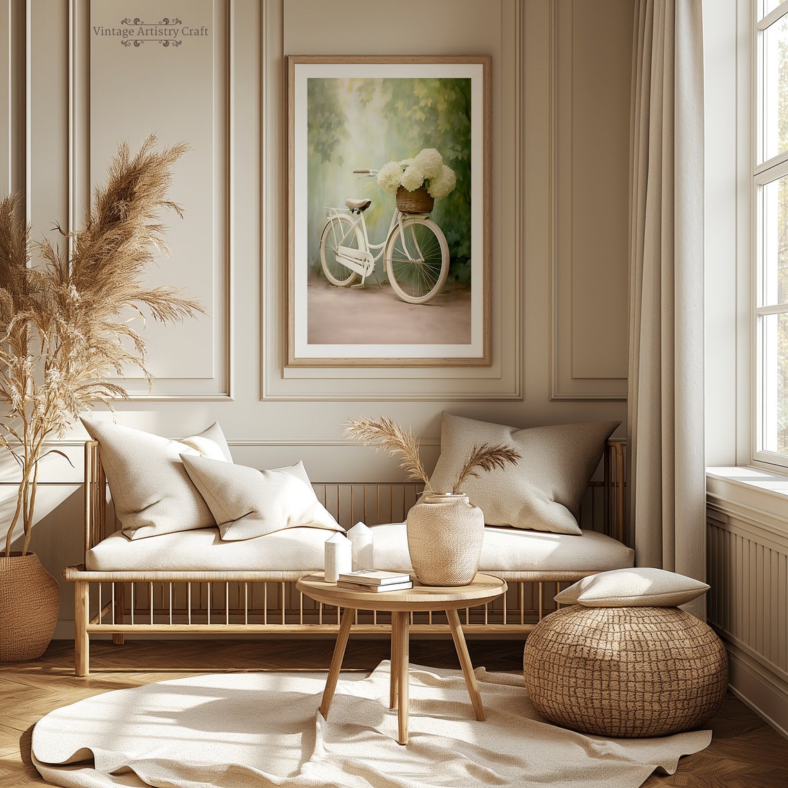 Vintage White Bicycle With Hydrangea Basket Dreamy Garden Poster - Image 3