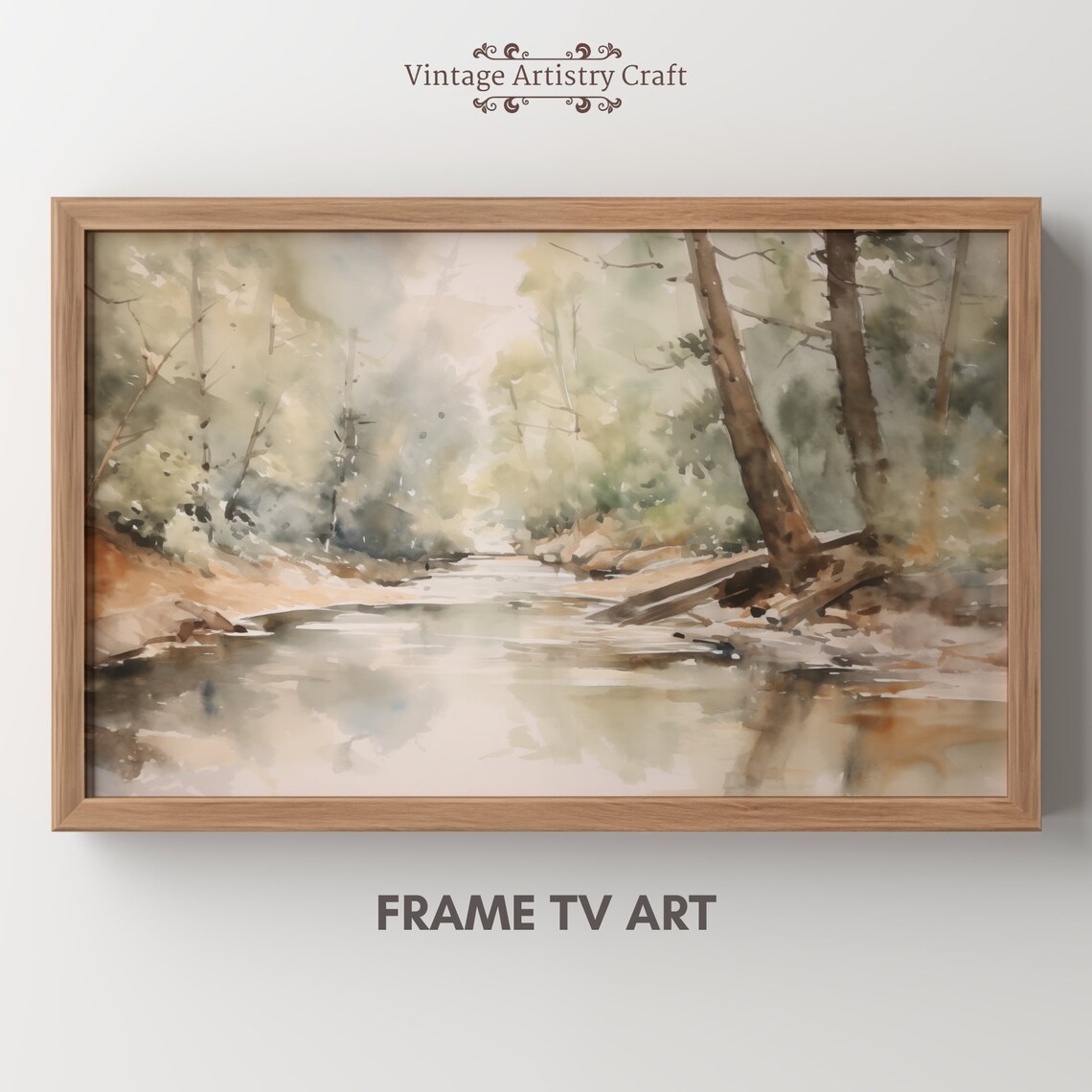 Misty Forest River Soft Watercolor Woodland Stream Nature Poster