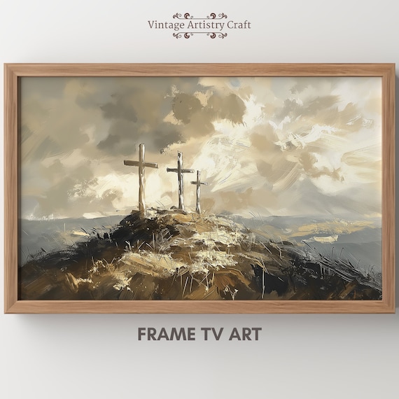 Three Crosses on the Hill Easter He Is Risen Christian Oil Poster