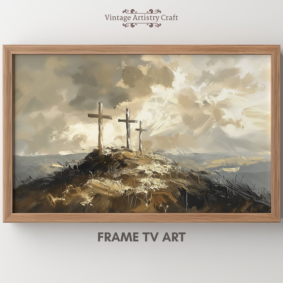 Three Crosses on the Hill Easter He Is Risen Christian Oil Poster