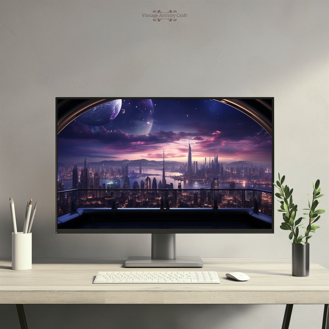 Futuristic Sci Fi City Skyline At Purple Planet Sunset Poster - Image 7