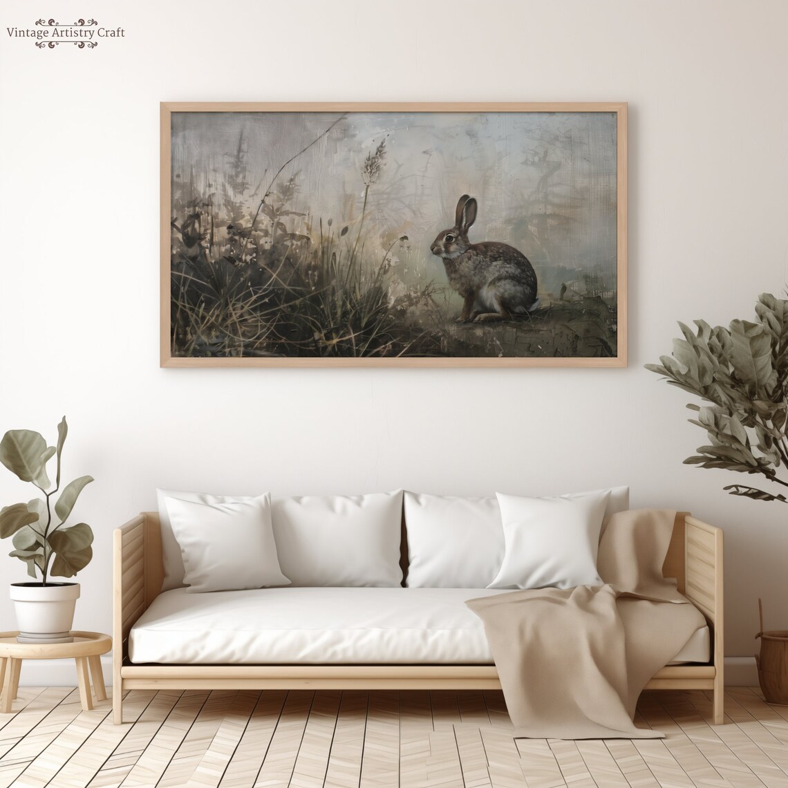 Vintage Cottontail Rabbit in Misty Field Wildlife Oil Painting Poster - Image 6