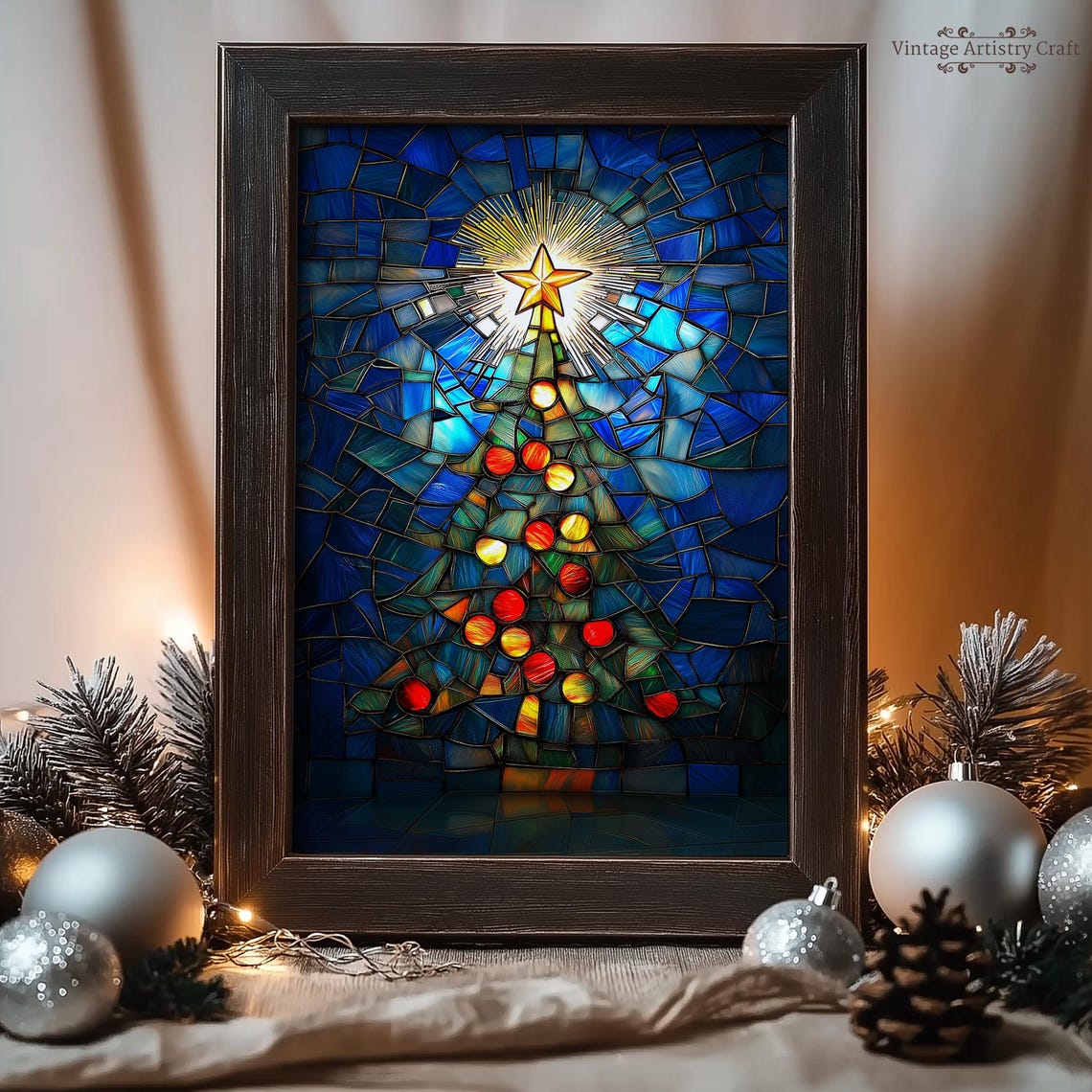Stained Glass Mosaic Christmas Tree Blue Star Holiday Poster - Image 3