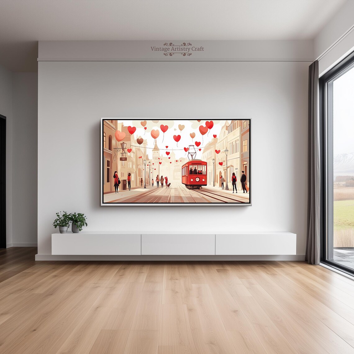 Heart Balloons European Street Tram Romantic Valentine Scene Poster - Image 3
