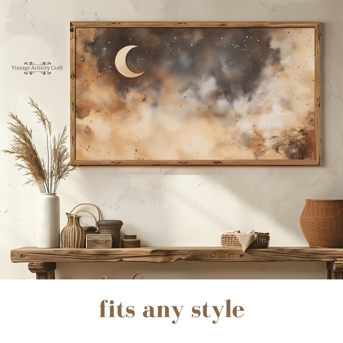 Crescent Moon Golden Cloudy Night Sky Watercolor Dreamy Poster - Image 8