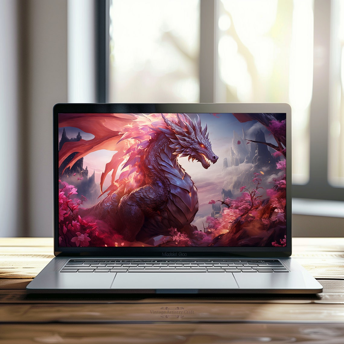 Majestic Fire Dragon Cherry Blossom Fantasy Digital Wallpaper Wall Art - Image 4