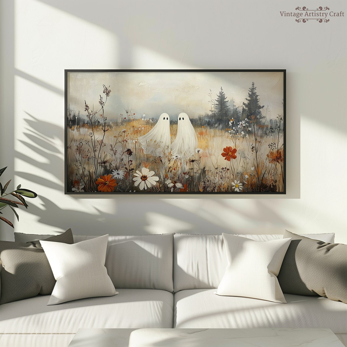 Cute Ghost Pair Autumn Wildflower Meadow Halloween Vintage Poster - Image 7