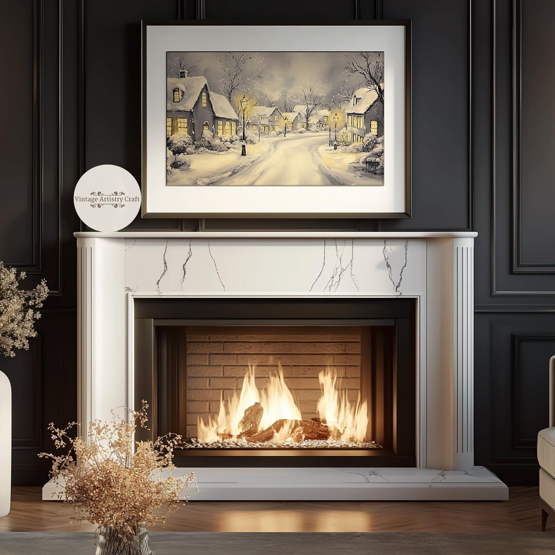 Snow Covered Village Street Glowing Lamps Night Winter Scene Poster - Image 5