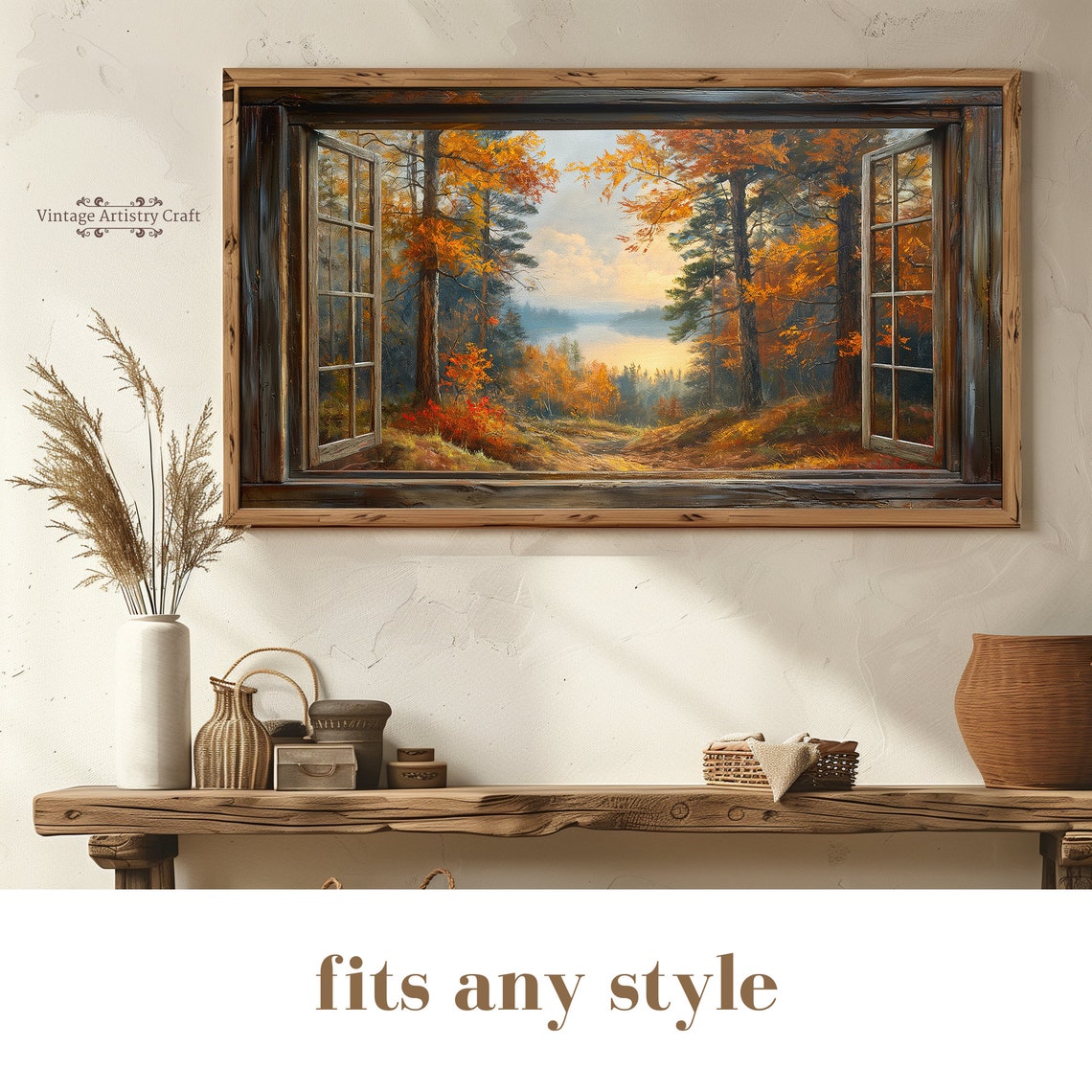 Open Window View Autumn Forest Lake Rustic Fall Landscape Poster - Image 4