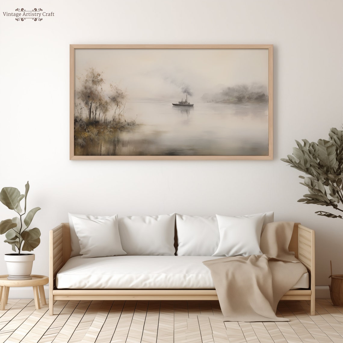 Lone Steamboat on Misty River Soft Neutral Vintage Landscape Poster - Image 3