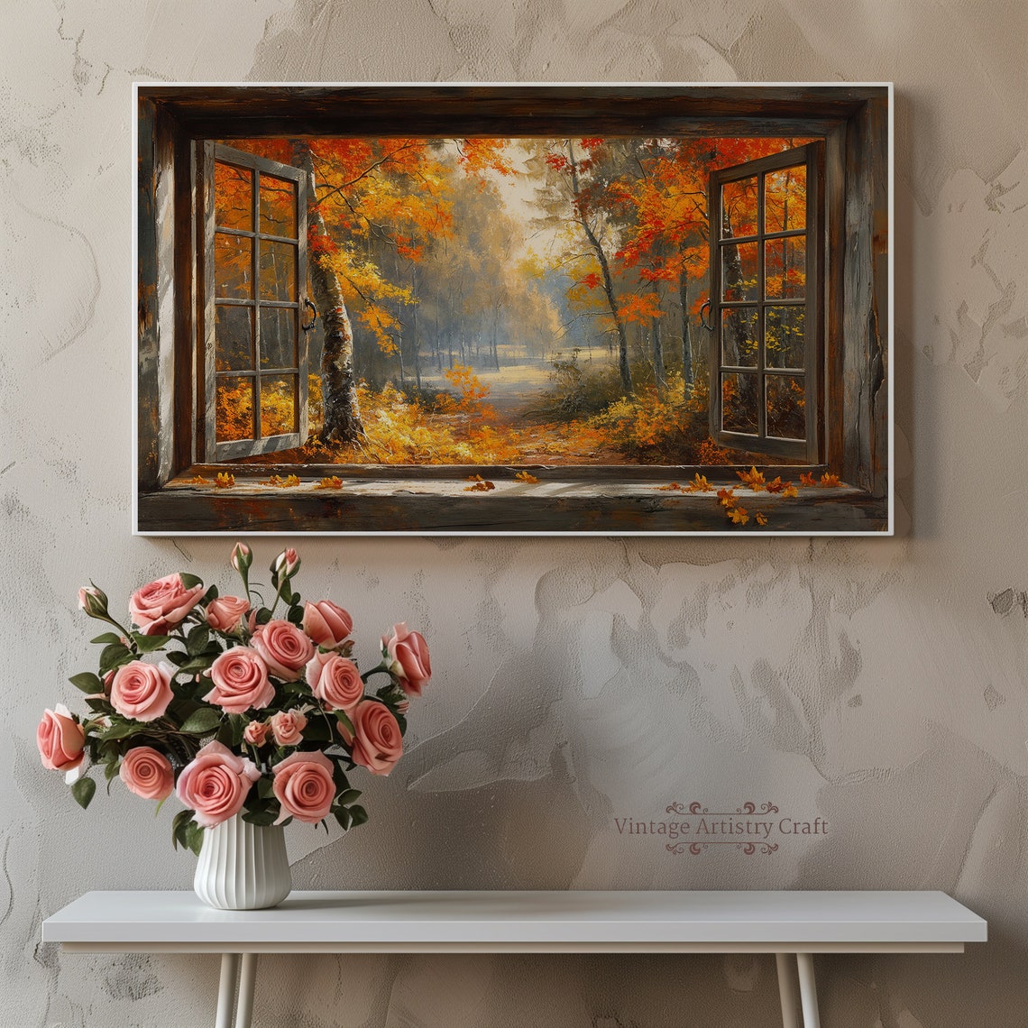 Rustic Window Autumn Forest View Fall Foliage Oil Painting Poster - Image 7