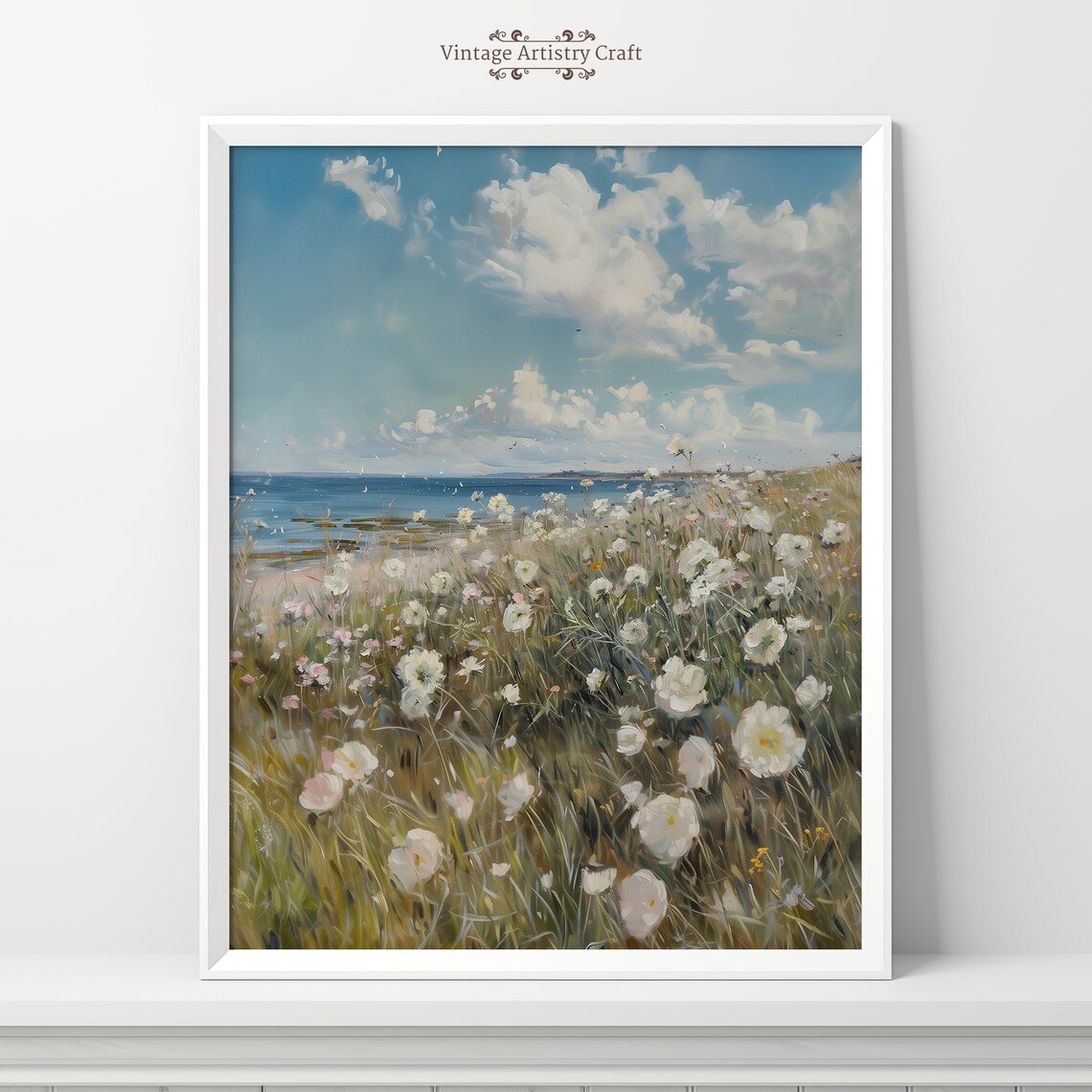 White Wildflowers By The Sea Breezy Coastal Meadow Art Poster - Image 5