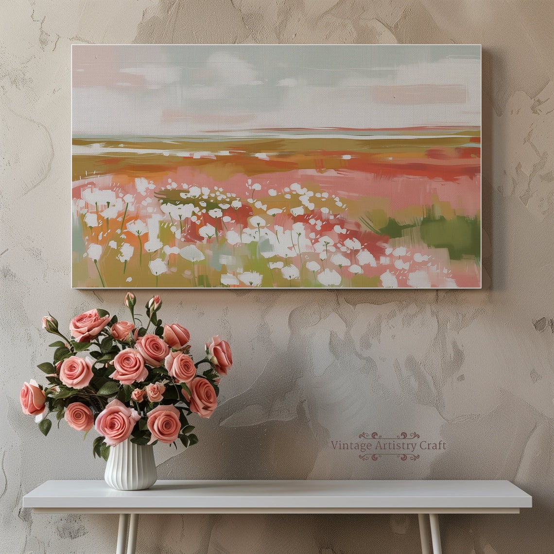 Pink Wildflower Meadow Abstract Textured Spring Landscape Wall Art - Image 4