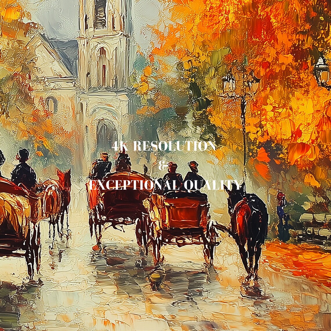 Textured Autumn Horse Carriage Vintage Oil Art Print - Image 7