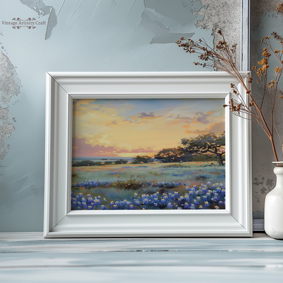 Wildflower Bluebonnet Field Sunset Vintage Style Landscape Poster - Image 4